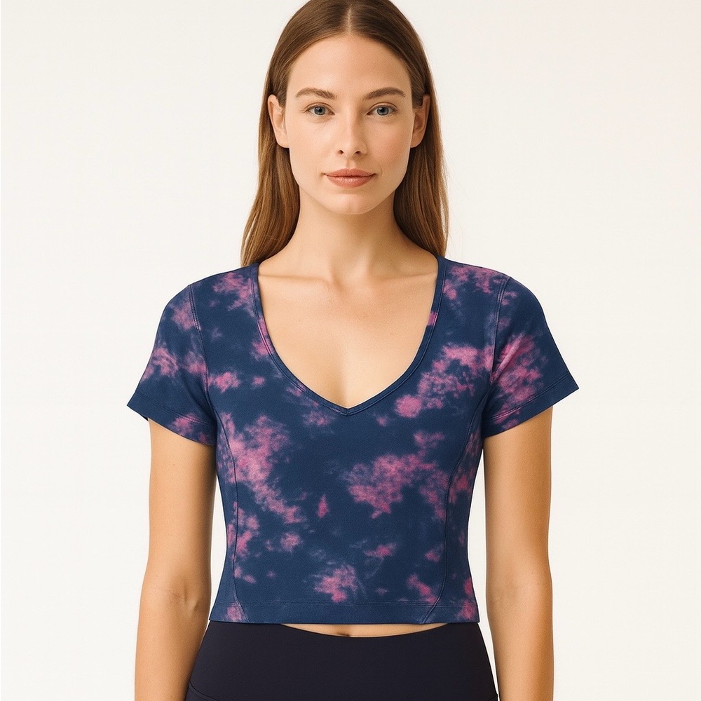 Lululemon Tie-Dye V-Neck Short Sleeve Crop Top – Blue Pink Size Small